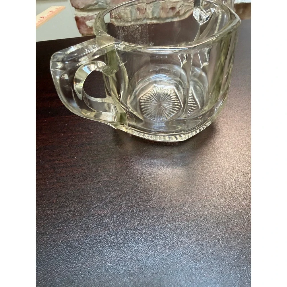 VTG MCM Clear Pressed Glass Open‎ Sugar Bowl Paneled Sunburst Base Double Handle